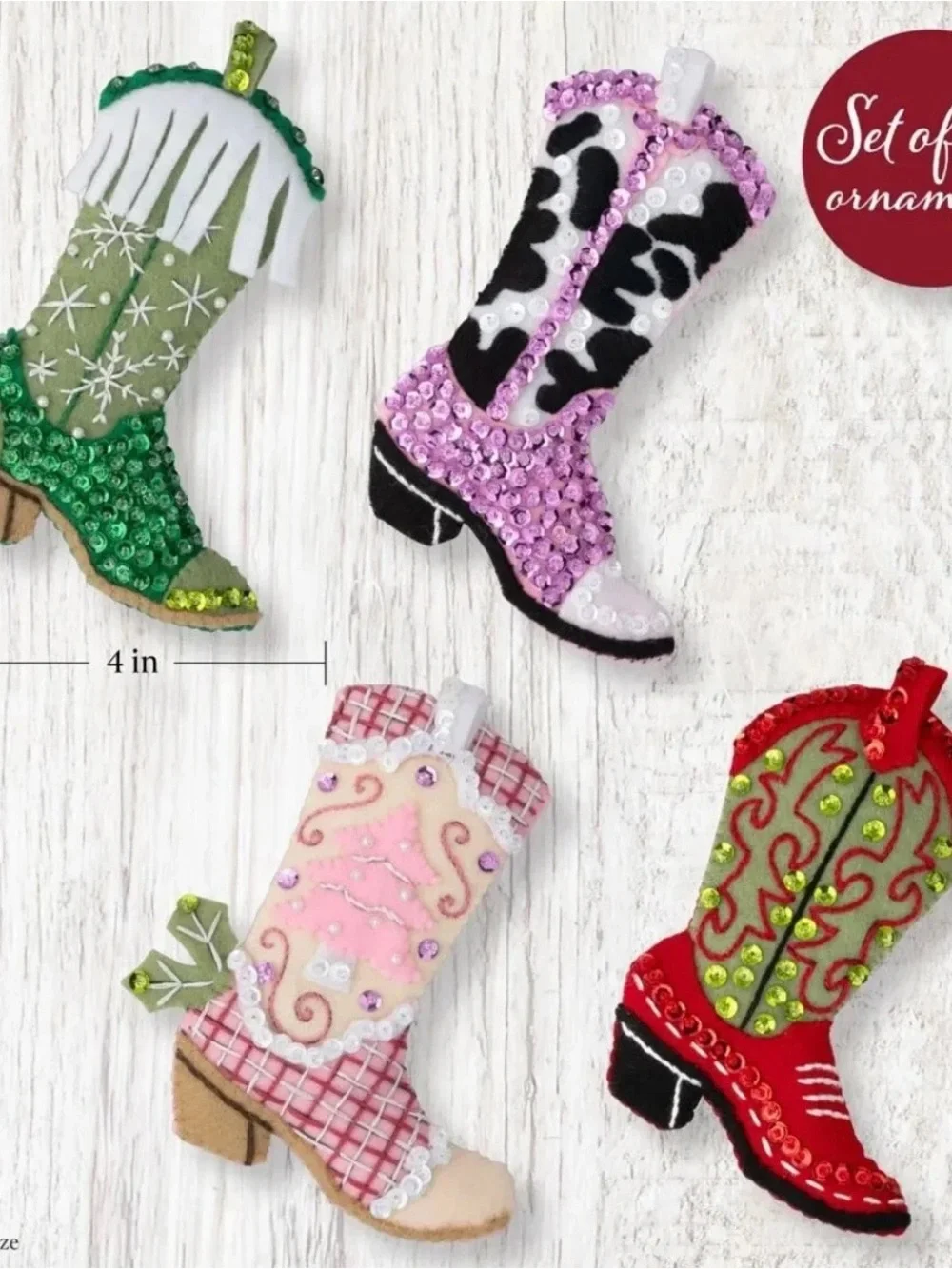 Bucilla Boots and Bling Set of 4 Felt Ornaments